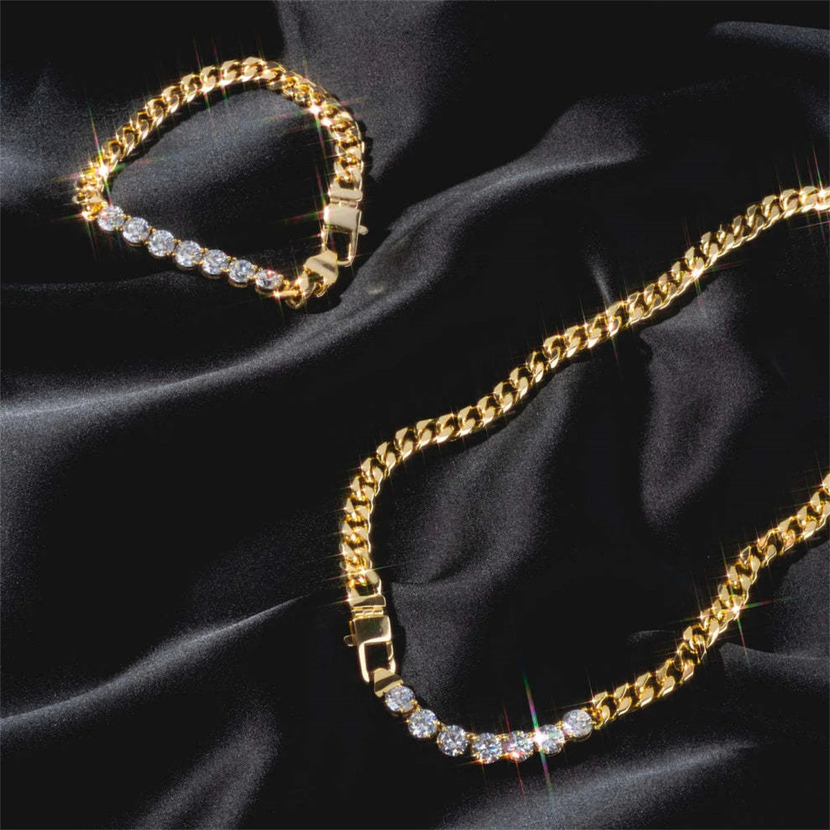 Set Collar y Pulsera Hip-Hop Hombre - Chapado Oro 18K