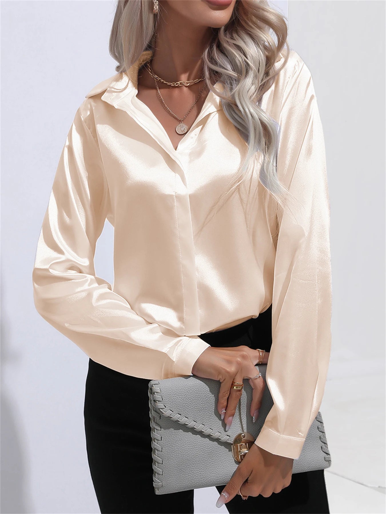 Camisa Satén Mujer Oficina - Blusa Cuello Botón Manga Larga