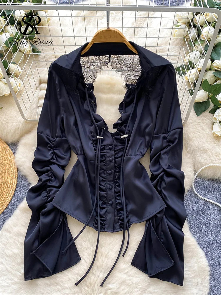 Blusa Mujer Sexy Encaje 2025 - Camisa Satén Cuello V Espalda Descubierta