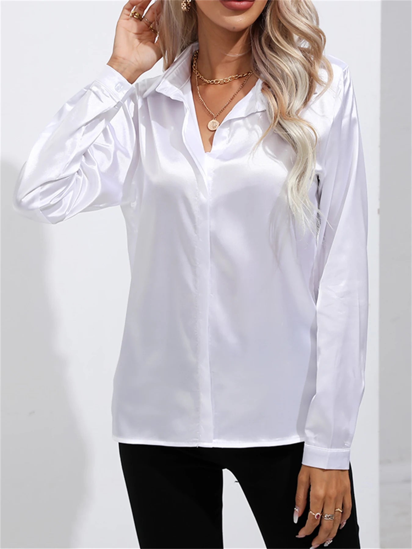 Camisa Satén Mujer Oficina - Blusa Cuello Botón Manga Larga