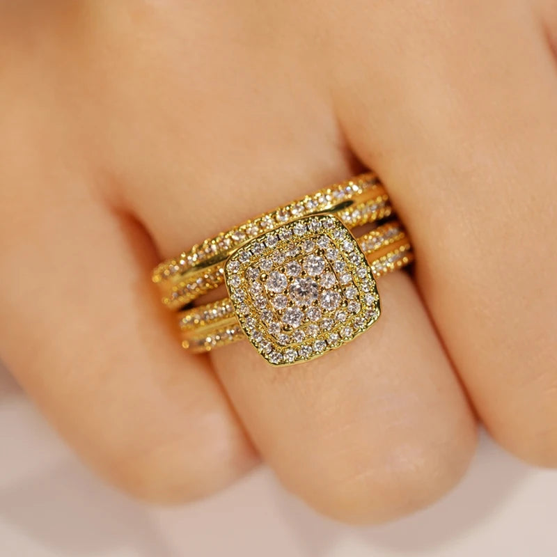 Set 2 Anillos Apilables Doble - Lujo Oro Circonita Compromiso Mujer