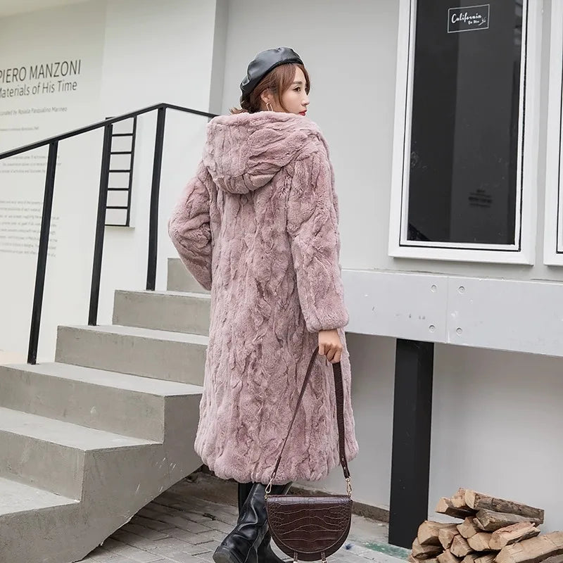 Abrigo Piel Conejo Mujer Capucha - Abrigo Real 110cm Largo Invierno