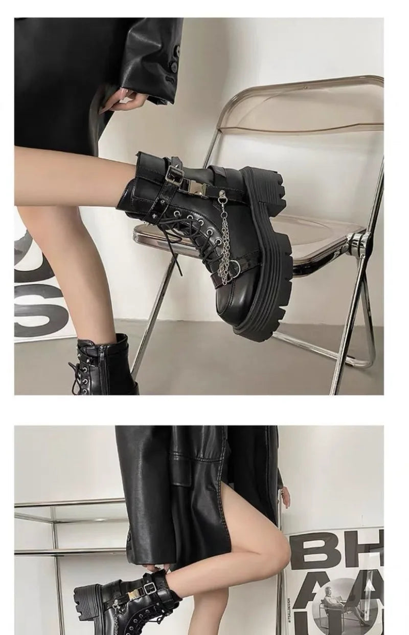 Botas Tobillo Mujer Gothic Plataforma - Diseñador Remaches Punk Motocicleta