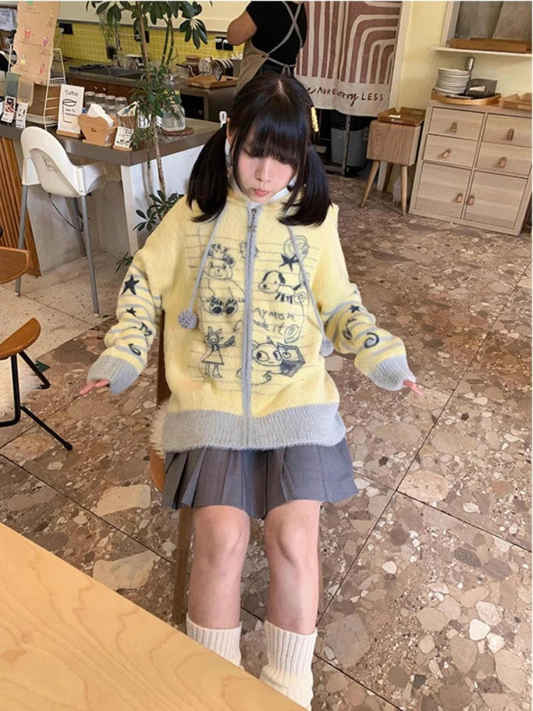 Cárdigan Mujer Vintage Graffiti Capucha - Oversized Invierno Punto Kawaii