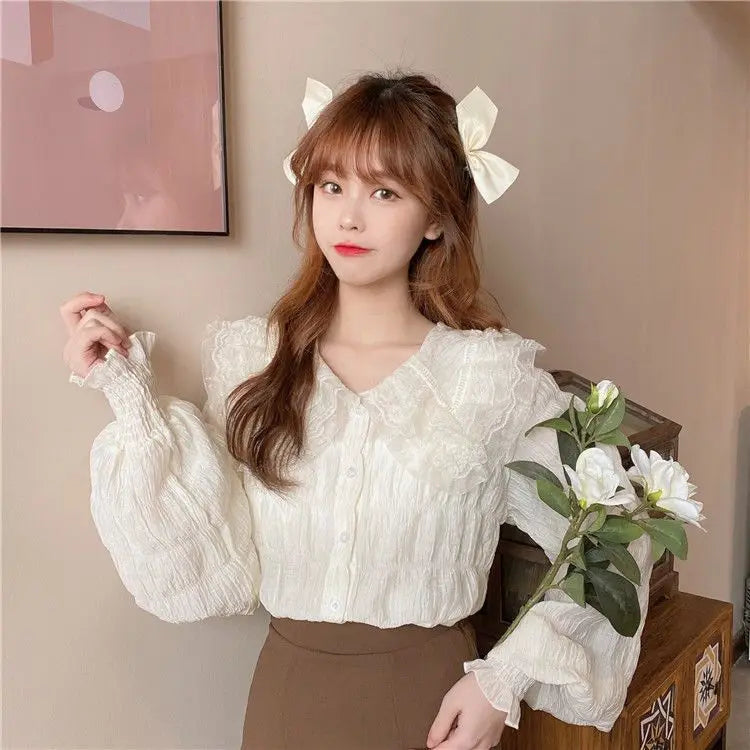 Camisa Cuello Peter Pan Mujer Coreana - Blusa Manga Larga Kawaii Primavera