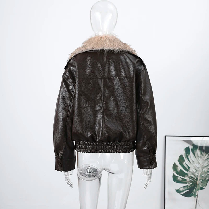 Chaqueta Mujer Elegante PU Piel - Chaqueta Solapa Doble Botón 2025