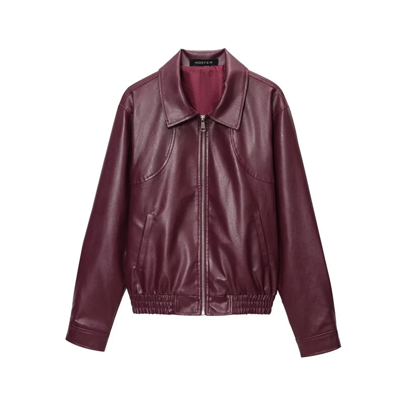 Chaqueta Cuero Mujer Burgundy - Chaqueta Retro Americana 2025