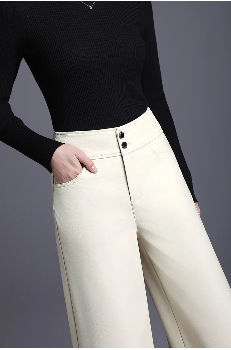 Pantalón Cuero Mujer Pierna Ancha - Pantalón PU Otoño Invierno