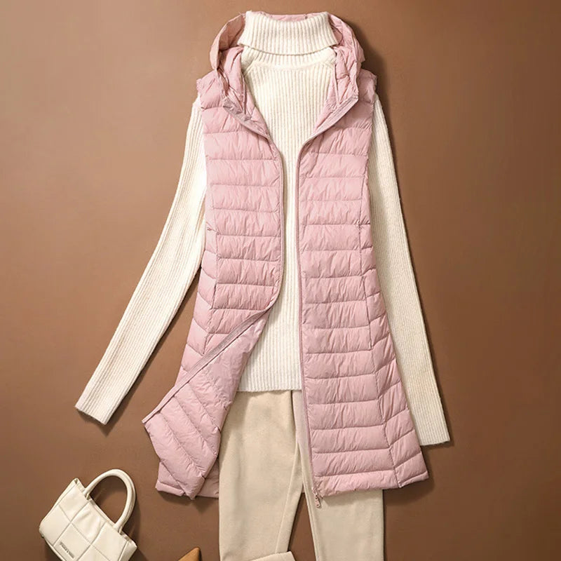 Chaleco Mujer Plumas Pato Ligero - Chaqueta Larga Capucha Slim Otoño