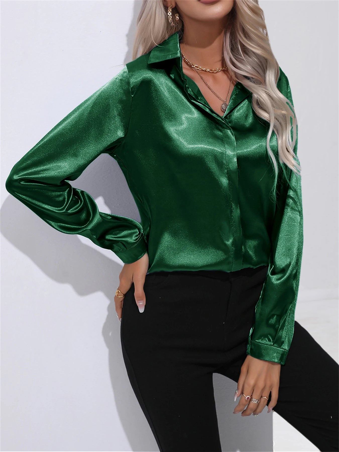 Camisa Satén Mujer Oficina - Blusa Cuello Botón Manga Larga