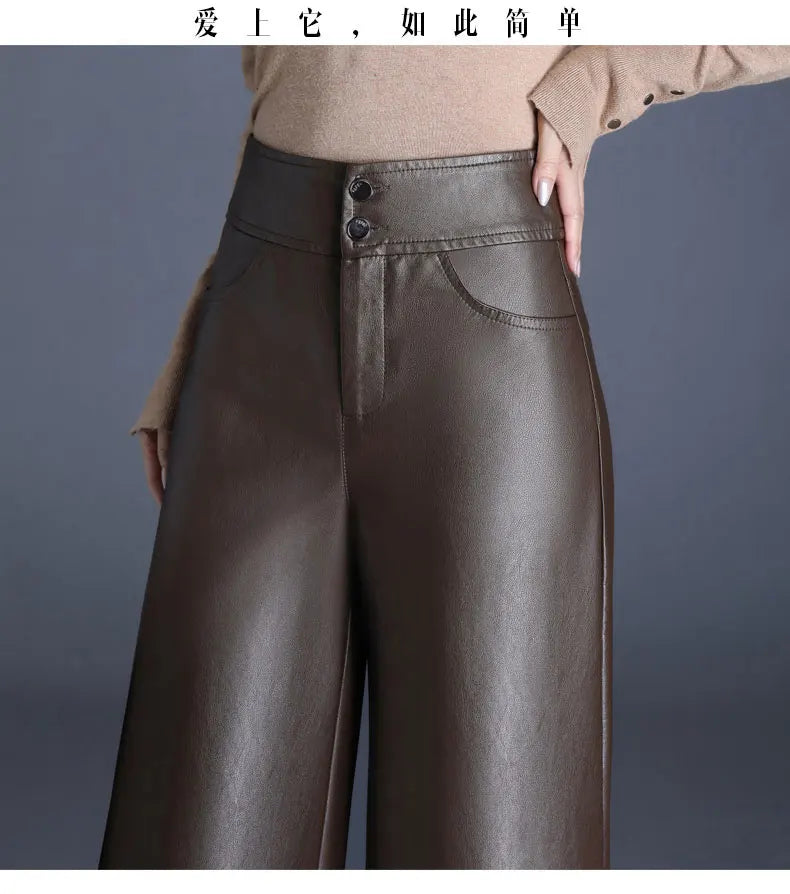 Pantalón Cuero Mujer Pierna Ancha - Pantalón PU Otoño Invierno