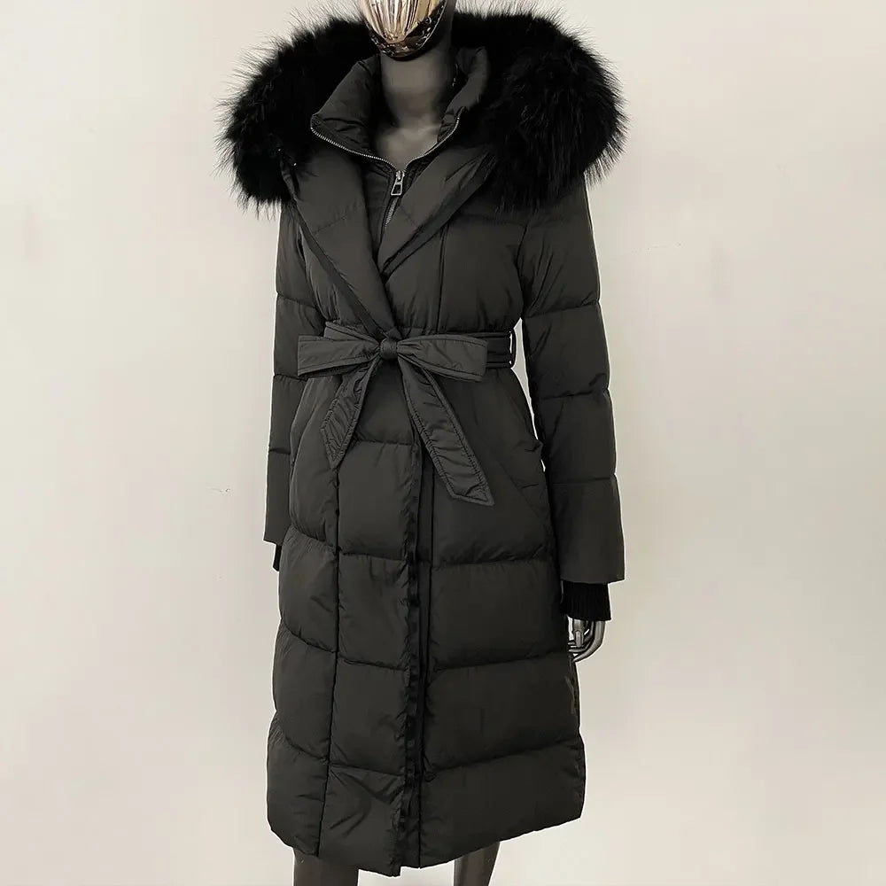 Abrigo Mujer Plumas Pato Piel Mapache - Chaqueta Larga Invierno Lujo