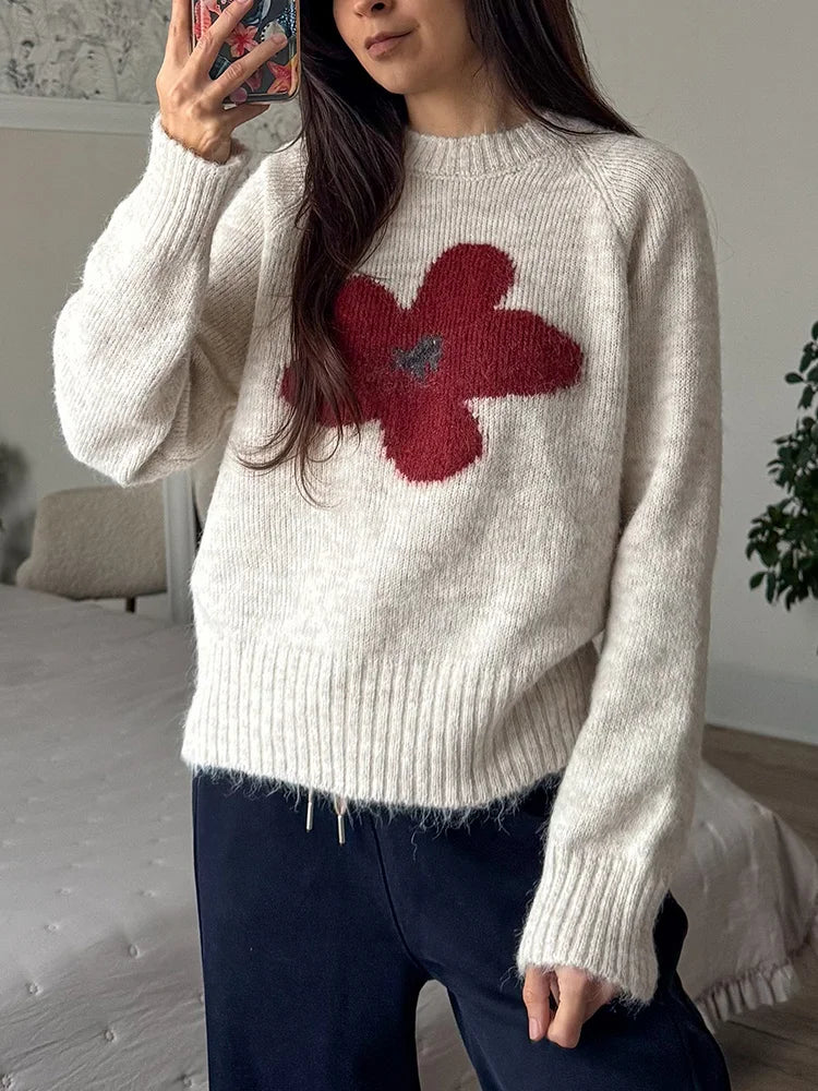 Jersey Mujer Invierno Flores Gris - Punto Holgado Cálido Vintage