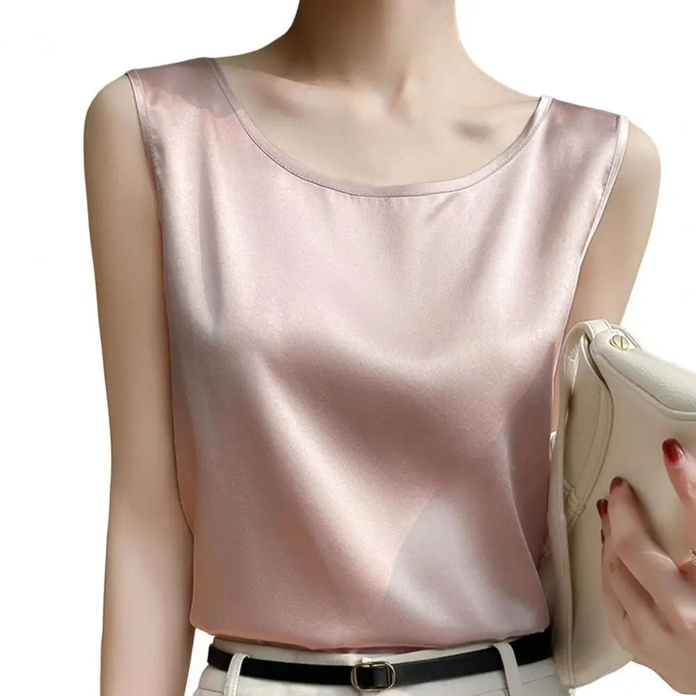 Top Satén Mujer Sin Mangas Verano - Camisola Cuello Redondo Elegante