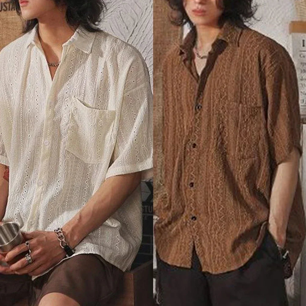 Camisa Hombre Casual Suelta Calada Manga Corta - Bolsillos Retro Fashion Vacaciones Diario