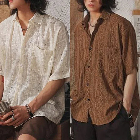 Camisa Hombre Casual Suelta Calada Manga Corta - Bolsillos Retro Fashion Vacaciones Diario