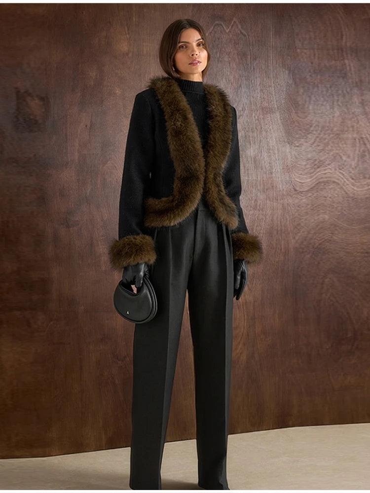 Abrigo Mujer Elegante Cuello Piel - Abrigo Patchwork Slim 2025