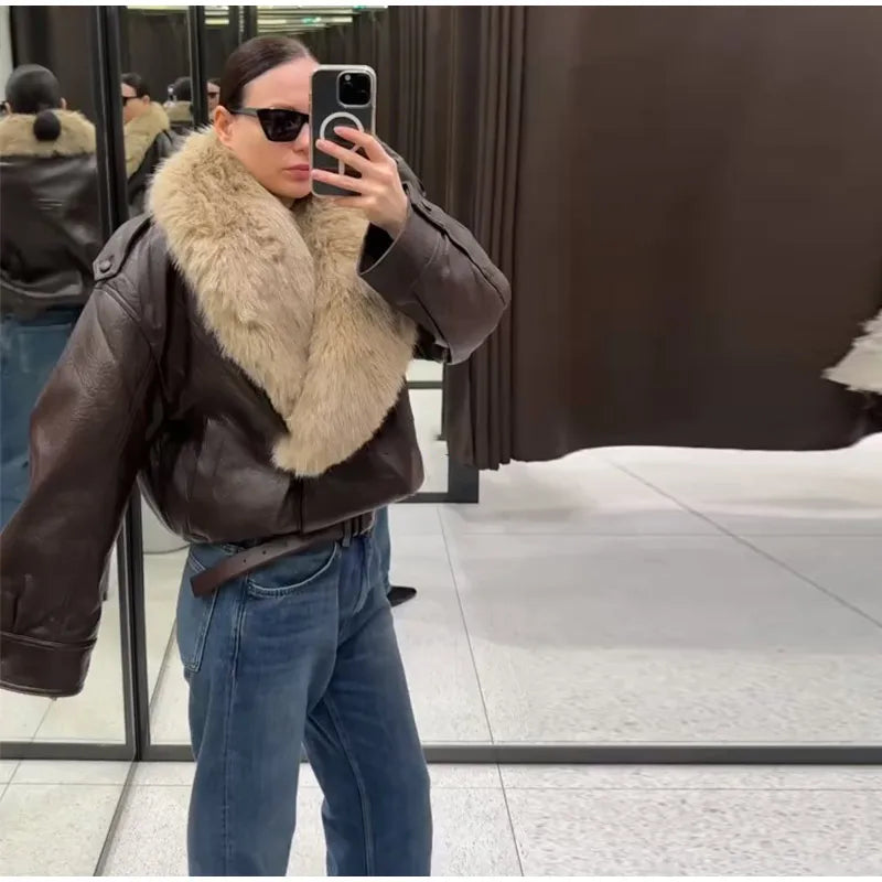 Chaqueta Mujer Elegante PU Piel - Chaqueta Solapa Doble Botón 2025