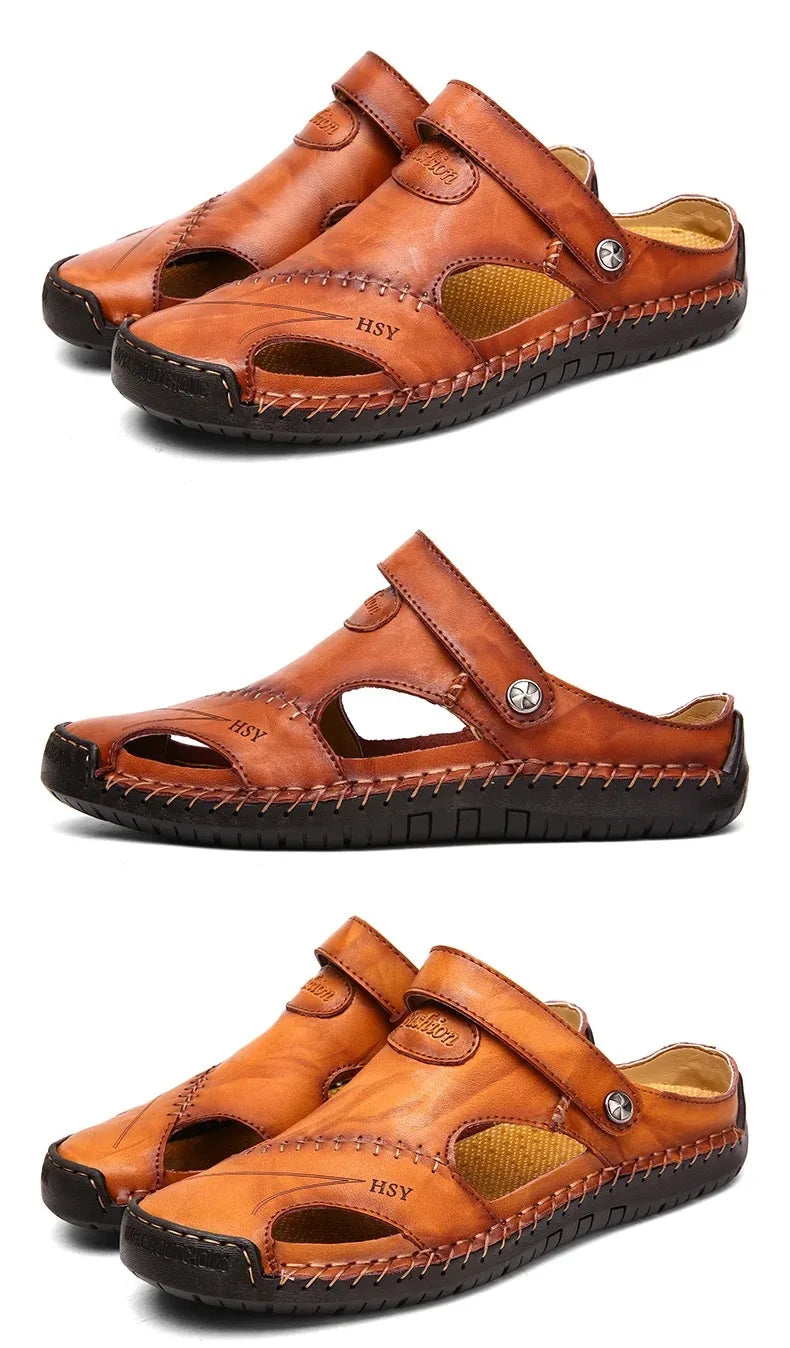 Sandalias Hombre Cuero Verano 2025 - Clásicas Romanas Outdoor Playa Chanclas Goma Trekking