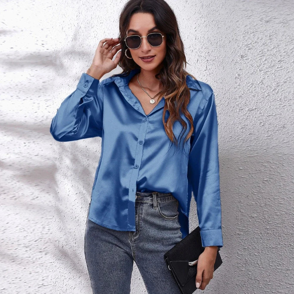 Blusa Satén Mujer Manga Larga Streetwear - Camisa Elegante Primavera Otoño