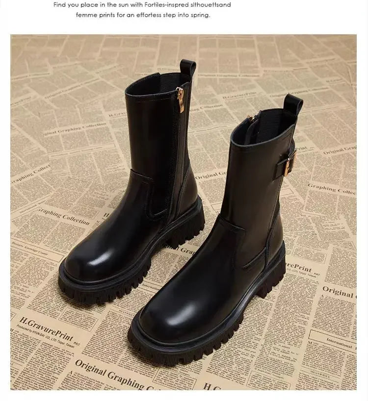 Botines Mujer 2025 Suela Gruesa - Color Sólido Punta Redonda Casual