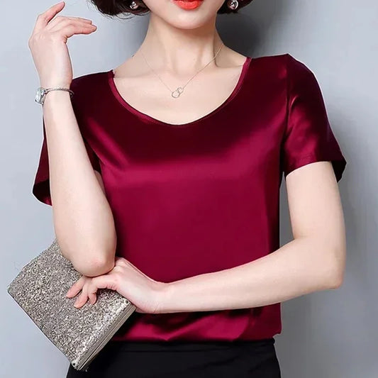 Blusa Satén Mujer Verano - Top Oficina Manga Corta Elegante