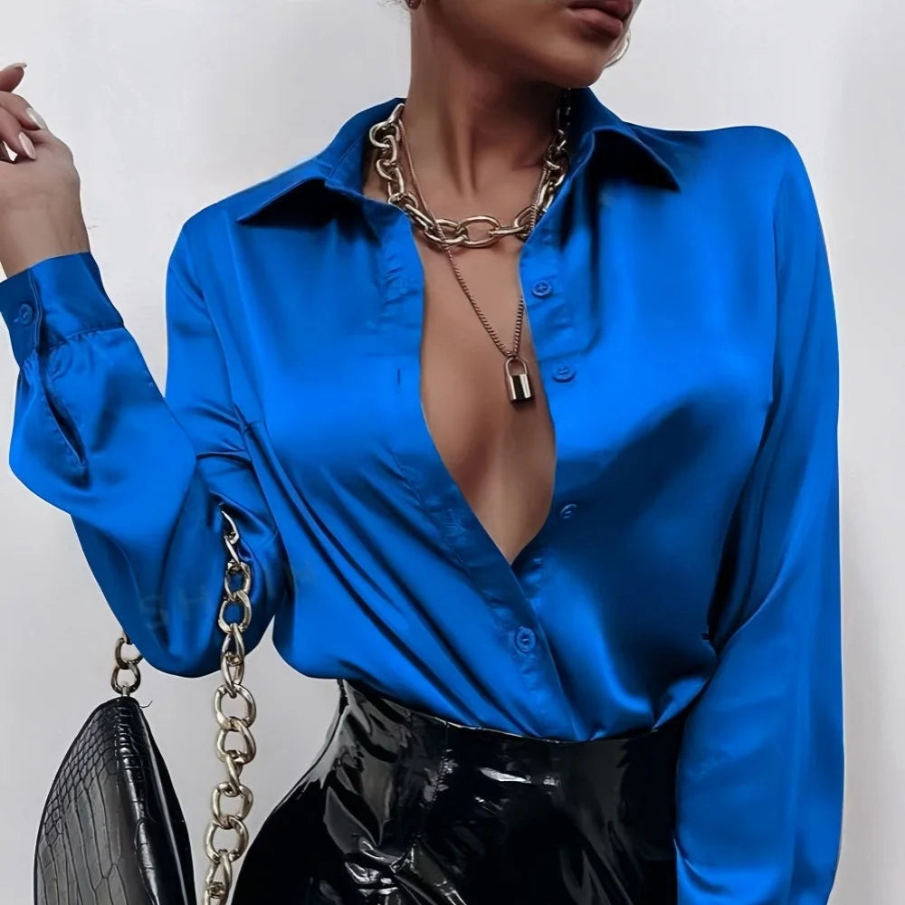 Blusa Satén Mujer Primavera - Camisa Seda Manga Larga Elegante