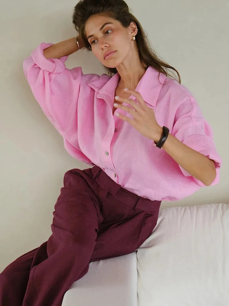 Camisa Mujer Verano Oficina - Blusa Manga Larga Solapa Elegante