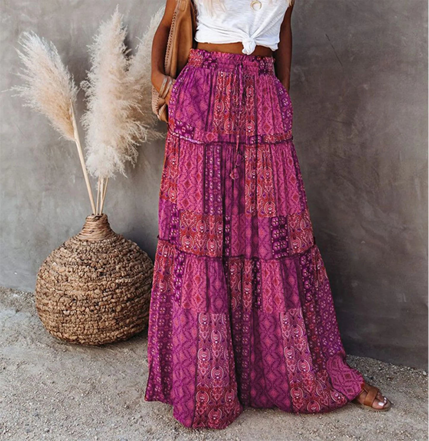 Falda Bohemia Mujer Larga Estampada - Falda Cintura Elástica Bolsillos Primavera