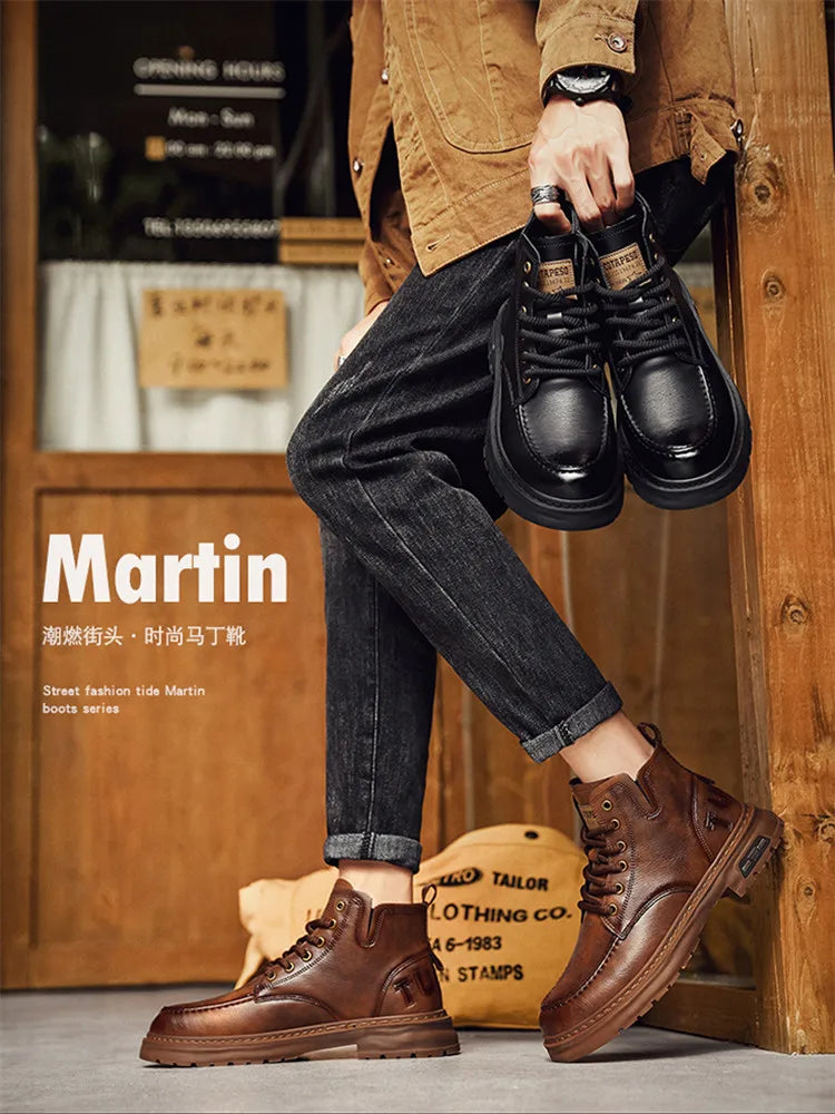 Botas Hombre Motocicleta Outdoor - Botines Casual Plataforma Cordones Marrón Negro