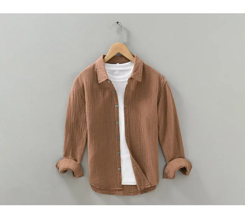 Camisa Hombre Gasa Doble Algodón - Casual Arrugada Manga Larga Suave Transpirable Cuello Cuadrado