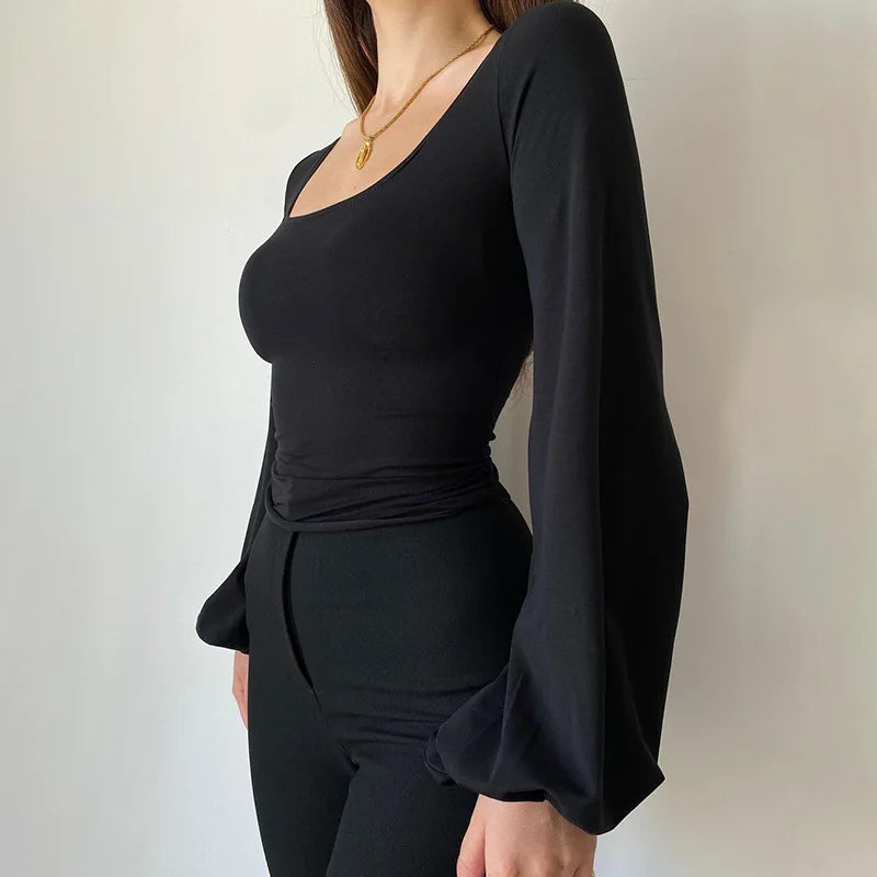 Blusa Negra Mujer Elegante - Top Manga Farol Cuello Cuadrado 2024