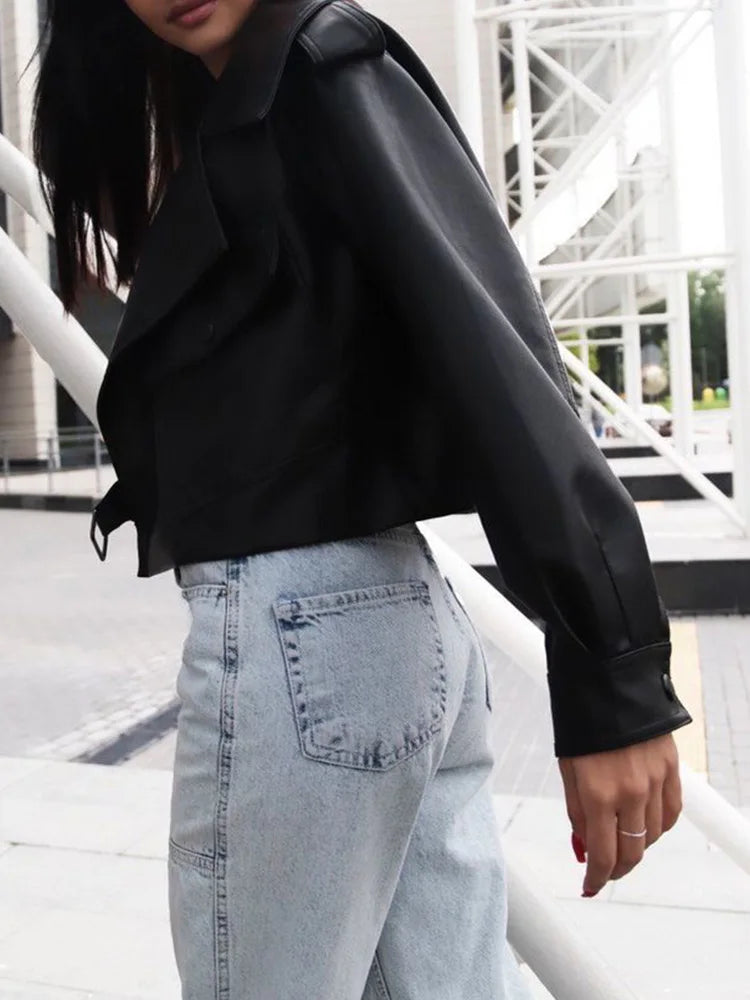 Chaqueta Cuero Mujer Moto Biker - Chaqueta PU Streetwear Corta