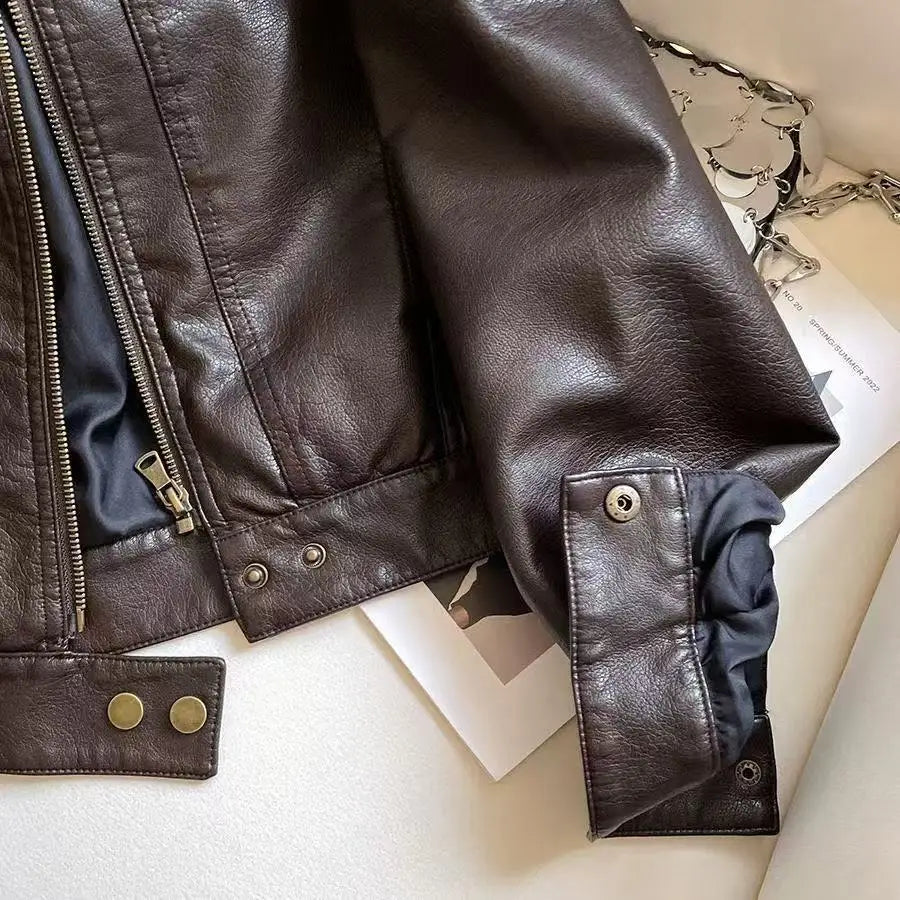 Chaqueta Cuero Mujer Primavera Otoño - Estilo Motociclista Retro