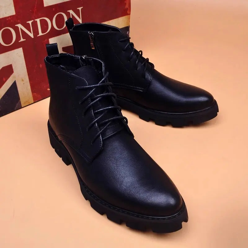 Botas Hombre Cuero Natural Negras - Casual Otoño Invierno Cowboy Platform Business Oficina Tobillo