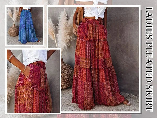Falda Bohemia Mujer Larga Estampada - Falda Cintura Elástica Bolsillos Primavera