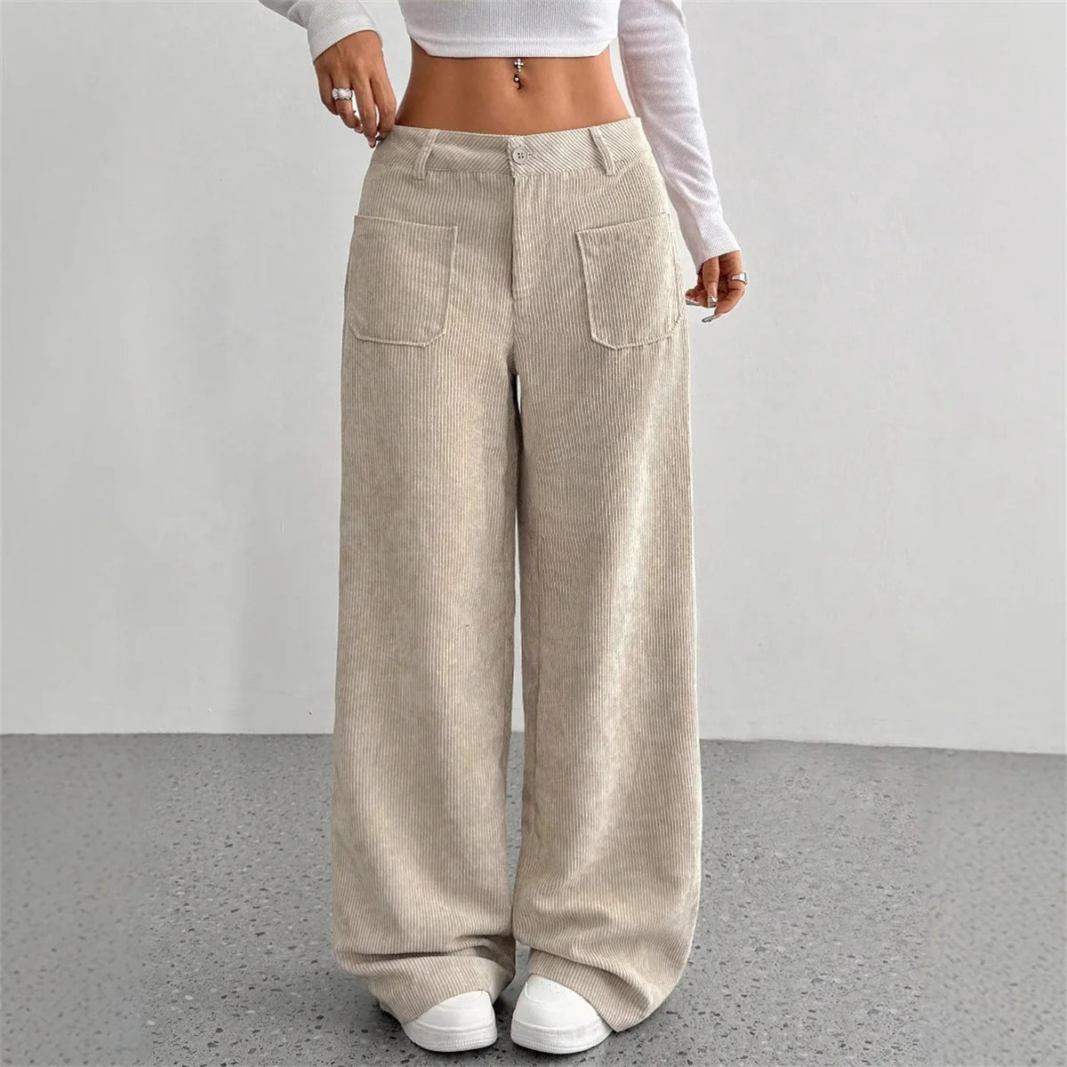 Pantalón Pana Mujer Pierna Ancha - Pantalón Cintura Alta Otoño