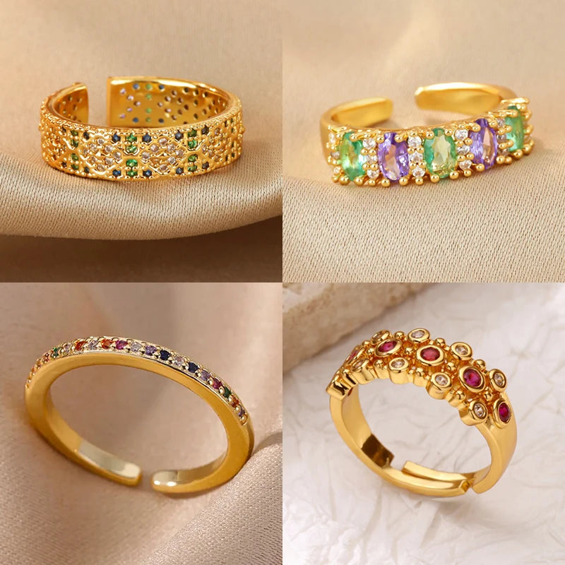Anillo Circonita Arcoíris Mujer - Acero Inoxidable Dorado Boda 2025
