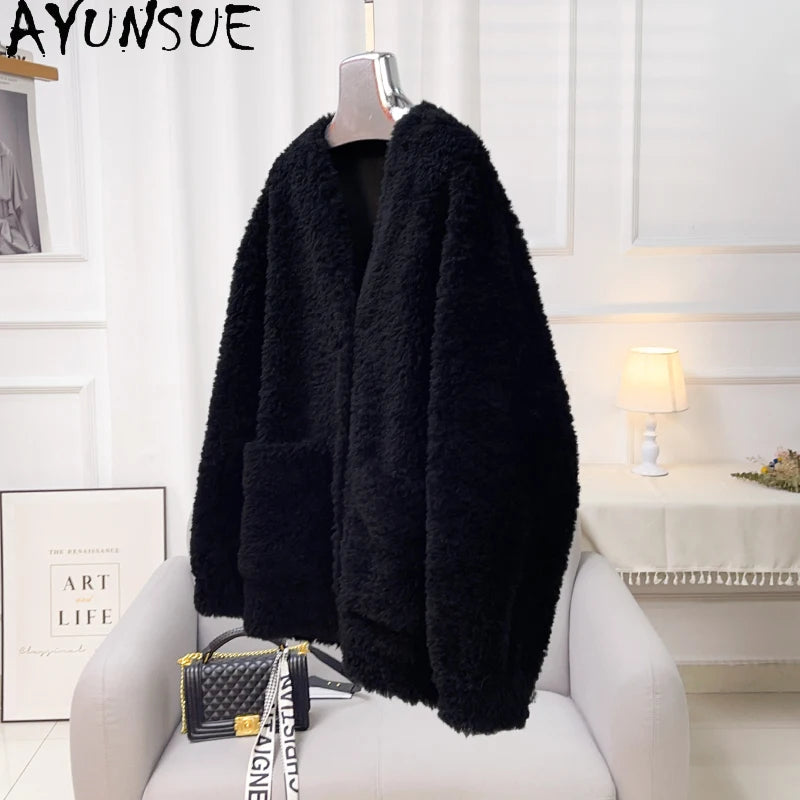 Chaqueta Lana Mujer Natural - Chaqueta Cordero Cuello V Media Largo 2025