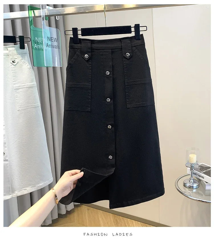 Falda Mujer Denim Tallas Grandes Primavera - Midi Cintura Alta Elástica