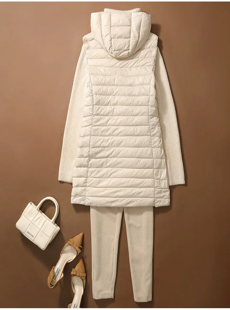 Chaleco Mujer Plumas Pato Ligero - Chaqueta Larga Capucha Slim Otoño