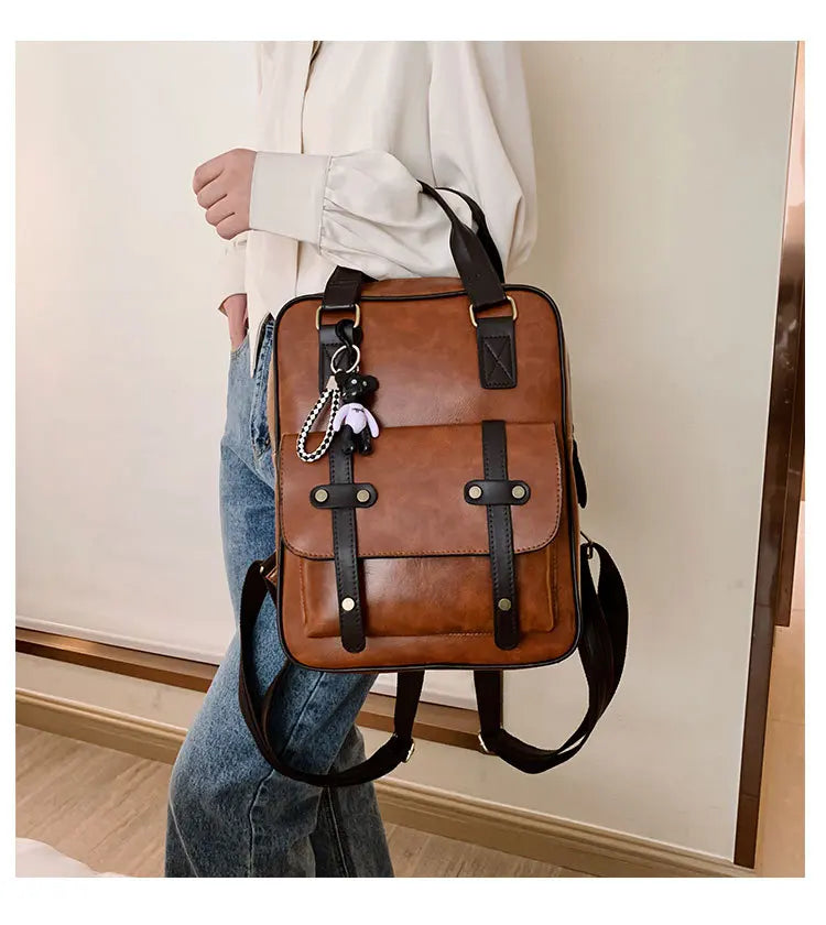 Mochila Cuero Juvenil Unisex - Alta Calidad Adolescentes Escolar Hombro Satchel Color Sólido