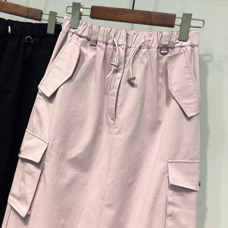Falda Cargo Mujer Y2K Larga - Falda Bolsillos Cintura Elástica Negra