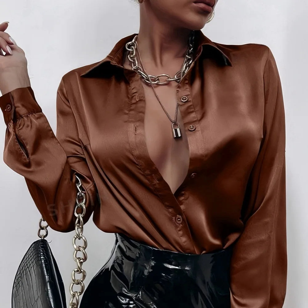 Blusa Satén Mujer Primavera - Camisa Seda Manga Larga Elegante