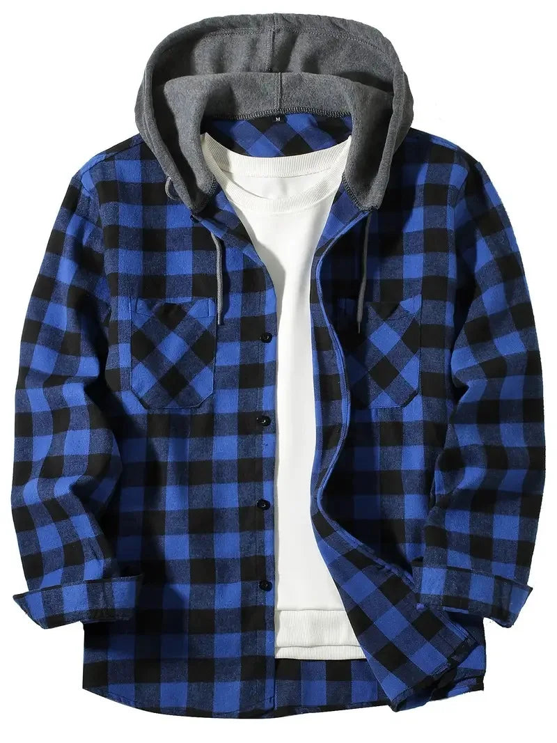 Camisa Hombre Franela Cuadros Capucha - Primavera Otoño Clásica Casual Botones Manga Larga Doble Bolsillos Hoodie Unisex