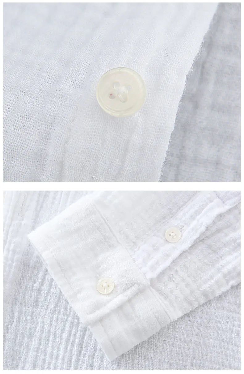 Camisa Hombre Gasa Doble Algodón - Casual Arrugada Manga Larga Suave Transpirable Cuello Cuadrado