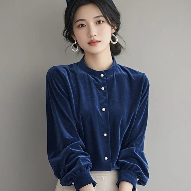 Top Terciopelo Mujer Temperamento - Top Diseño Francés Manga Larga 2025