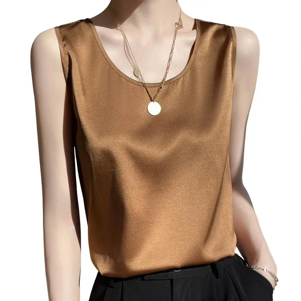 Top Satén Mujer Sin Mangas Verano - Camisola Cuello Redondo Elegante