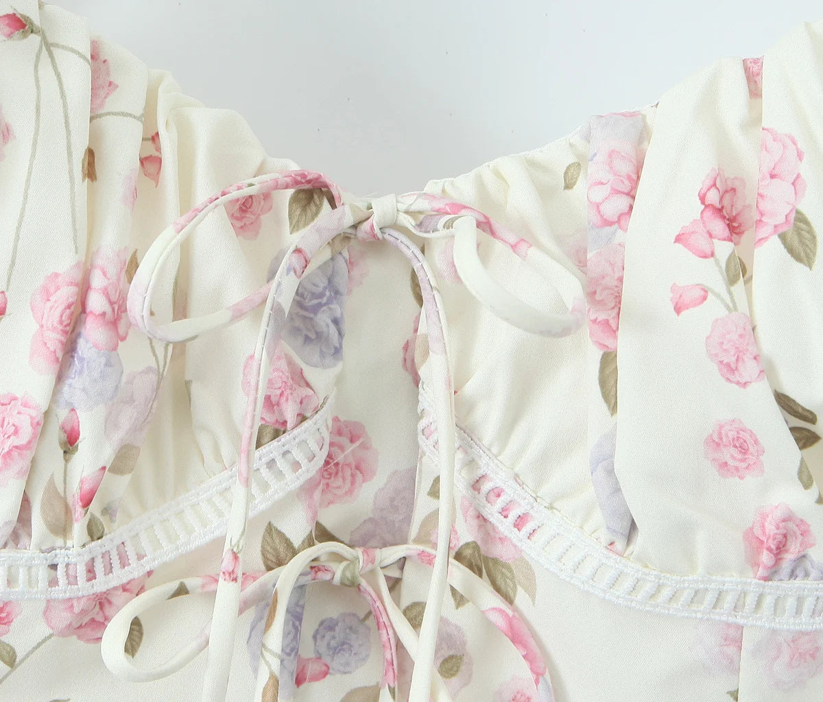 Top Crop Mujer Francés Floral - Top Cordones Cuello V Manga Corta Verano