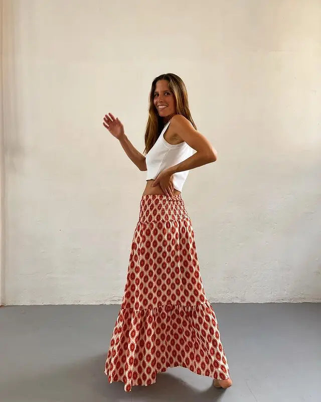 Falda Boho Mujer Casual - Falda Maxi Floral Cintura Elástica Playa Primavera